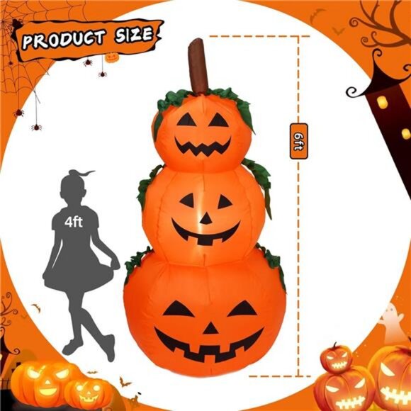 6FT Halloween Inflatable Pumpkin Decor Blow up Pumpkin Stacked with Build-in LED - Picture 2 of 7